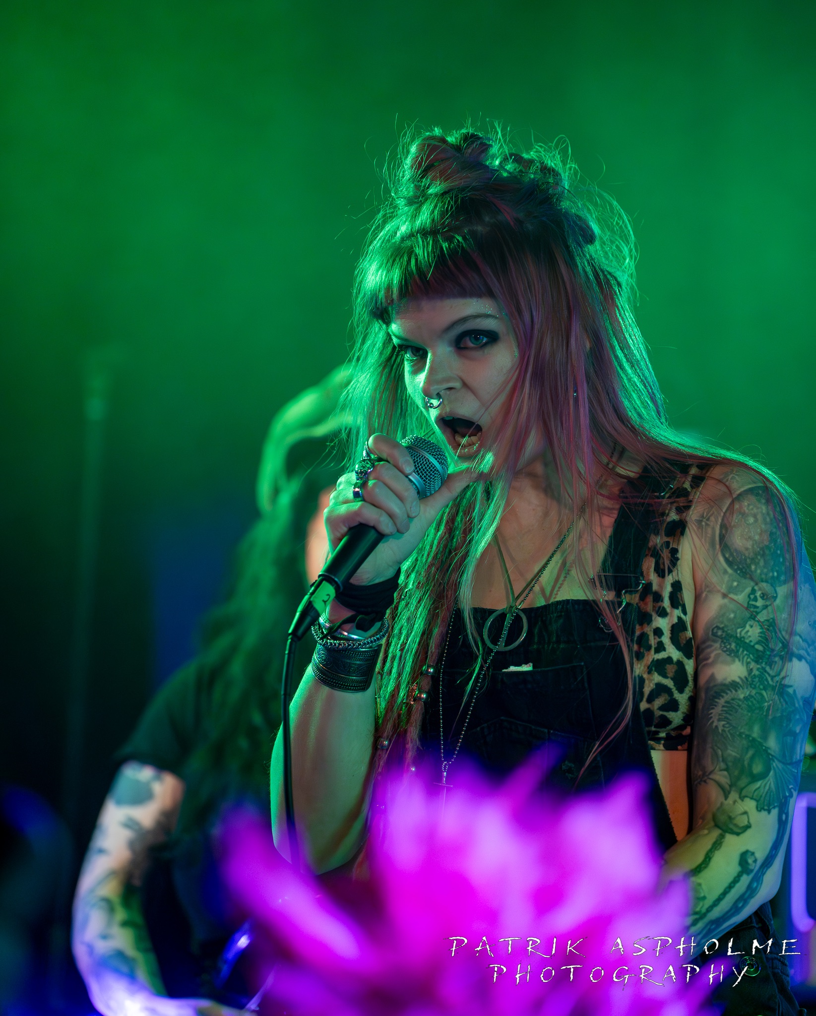 Fuck Frankies frontfigur sjunger i mikrofonen som hon håller i handen medan hon tittar storögt på publiken. Hon har hängselbyxor i jeans, en leopardmönstrad topp under, tatuerade armar och rosa, långt hår. Illgrönt scenljus.