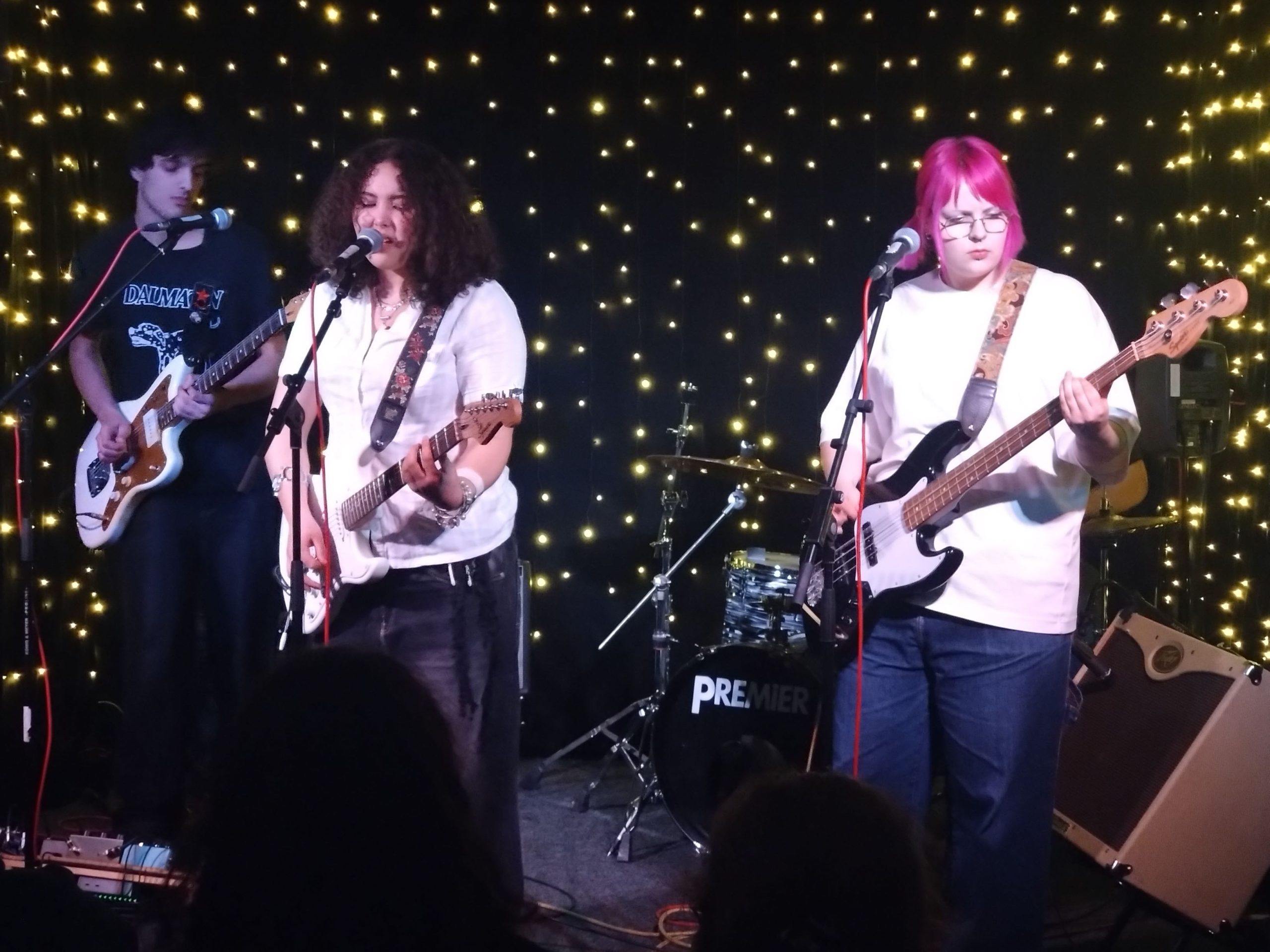 Näckros frontfigur står i mitten och spelar på sin snövita elgitarr, till vänster om henne står den andra gitarristen som också han har en vit gitarr med brunt plektrumskudd. Längst till höger står basisten, hon har rosa hår och en svart bas. Längst bak skymtar man trummisen bakom trumsetet.