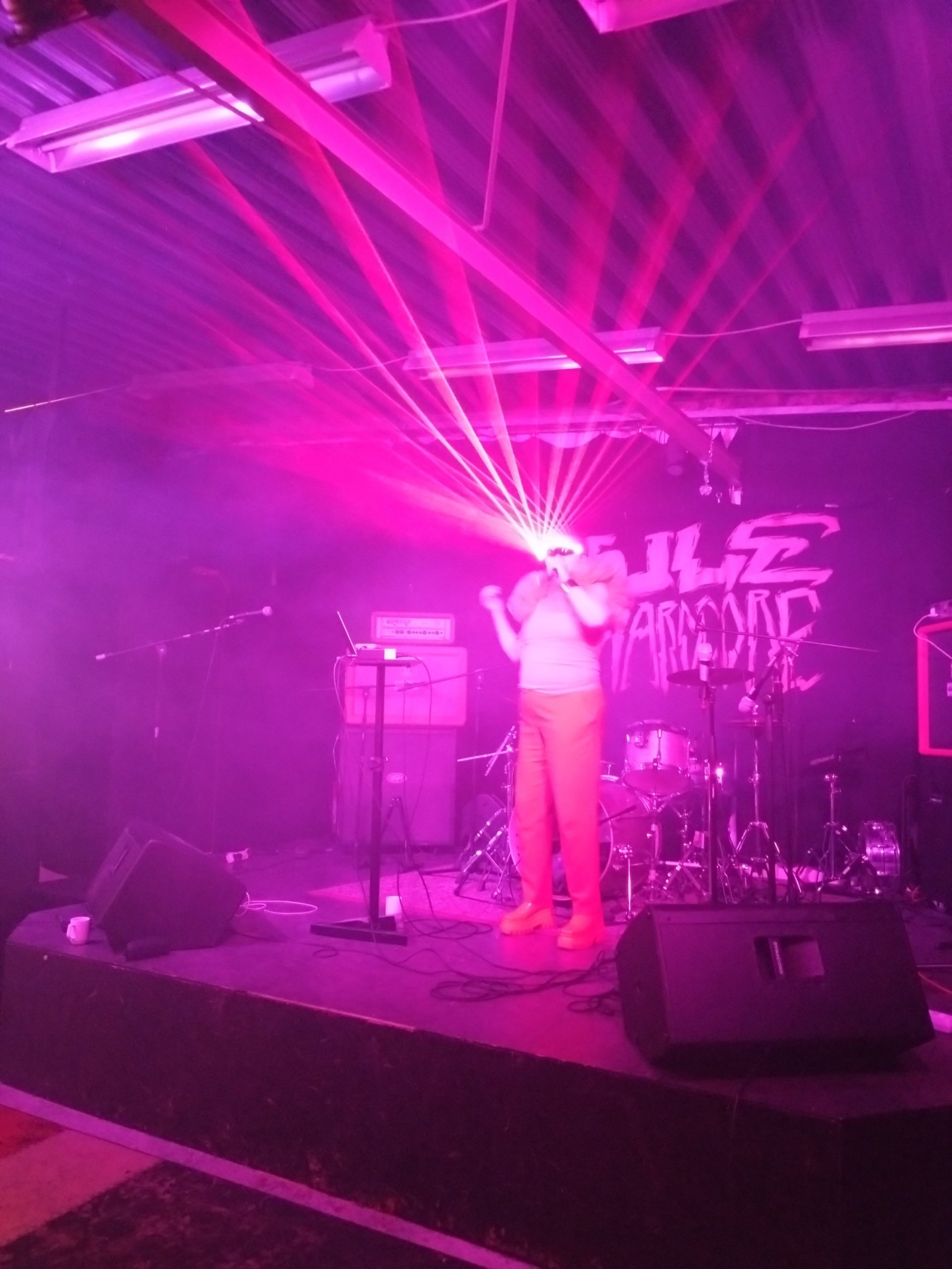 Artisten Sara står ensam på scenen med mikrofonen i handen i rosa scenbelysning. Hon har ett slags laserglasögon som skjuter rosa laserstrålar som når långt upp i taket.