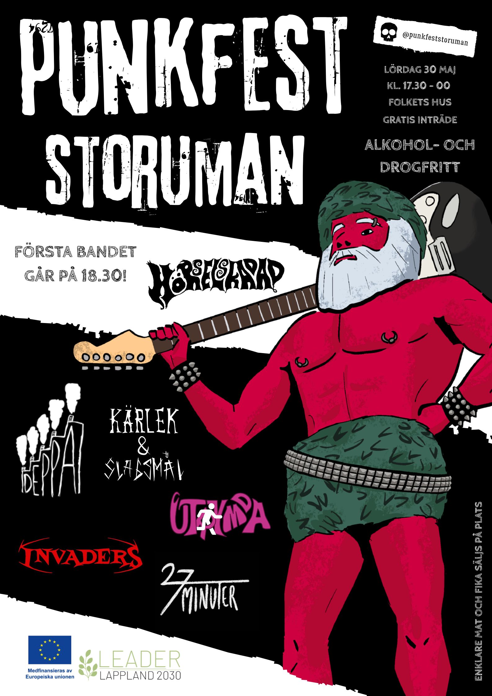 Punkfest Storumans konsertaffisch med svart bakgrund och en illustration av en illröd figur med stort, vitt skägg, grön hatt, grön kjol, nitbälte och en gitarr uppslängd över axeln.