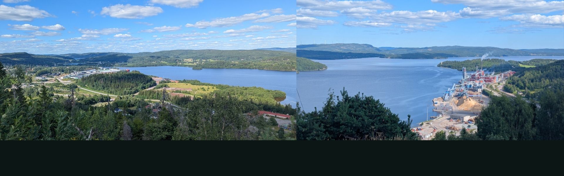 Ett panorama-kollage av landskap med skog, sjö och industri.
